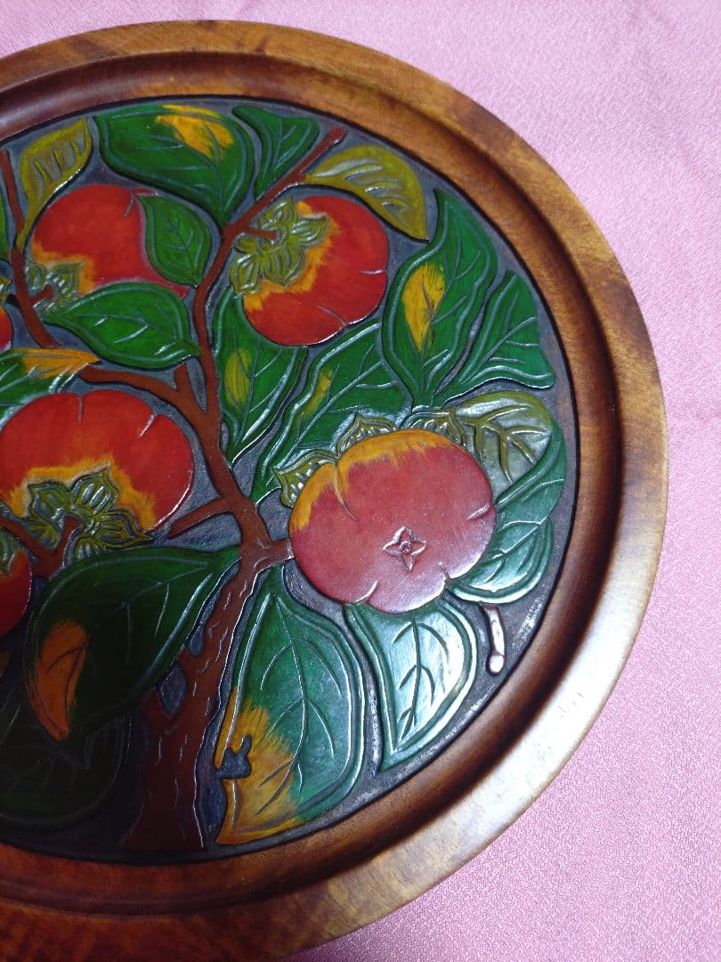 讃岐 盆 柿の木 漆 彩色 黄金楠木 彫刻 在銘 アンティーク 工芸品 置物