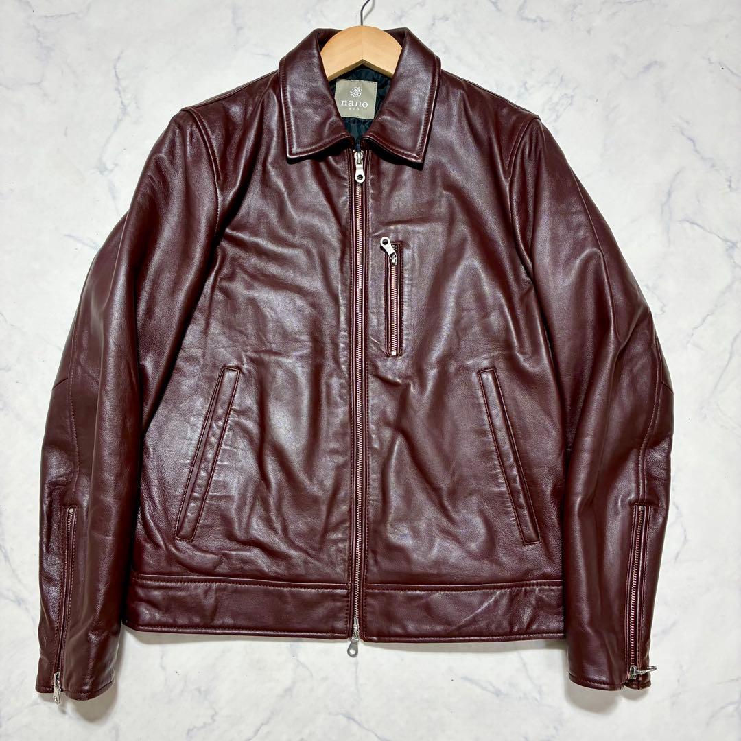 ナノユニバース ライダースジャケット シングル キルティング 羊革 ボルドー M