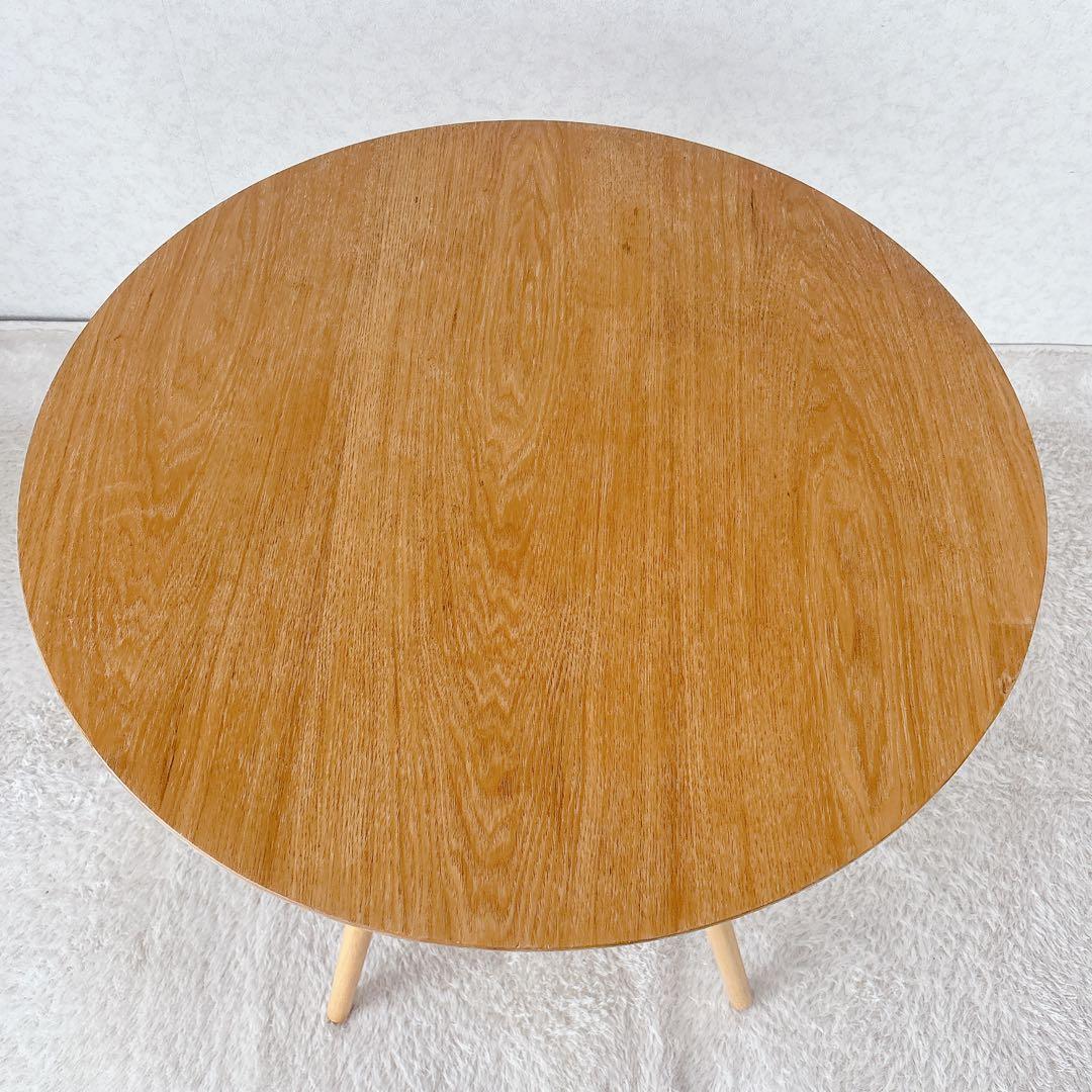 美品】オシャレ ラウンド カフェテーブル オーク材 丸 ４本脚 北欧ハイテーブル