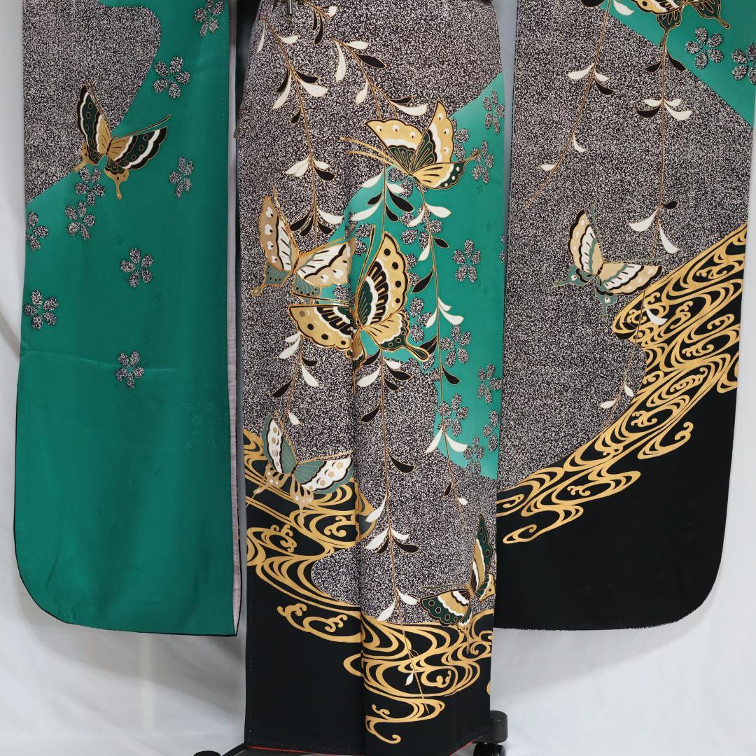 人気色！ヴィンテージ◆ 振袖6点セット ◆163cm緑系フルセット帯正絹RG46