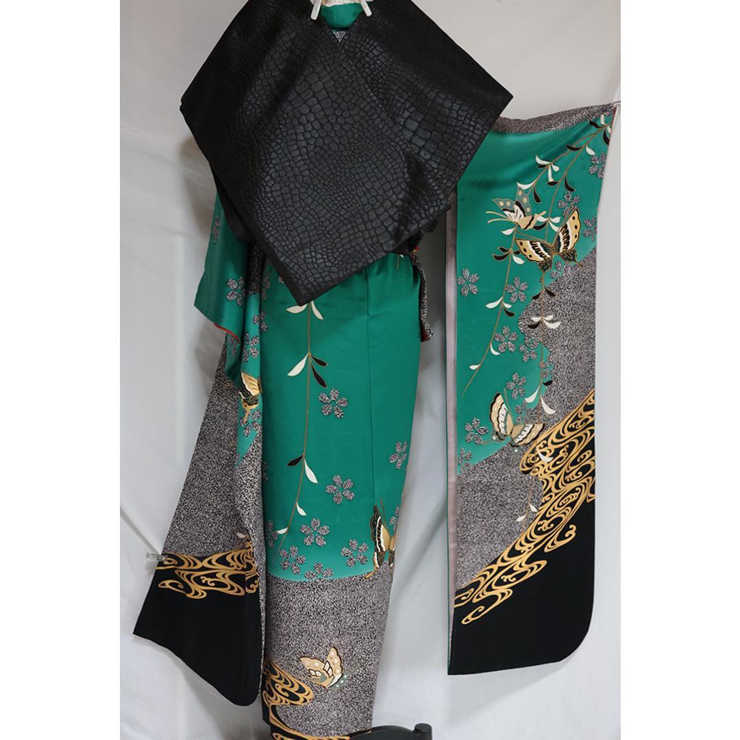 人気色！ヴィンテージ◆ 振袖6点セット ◆163cm緑系フルセット帯正絹RG46