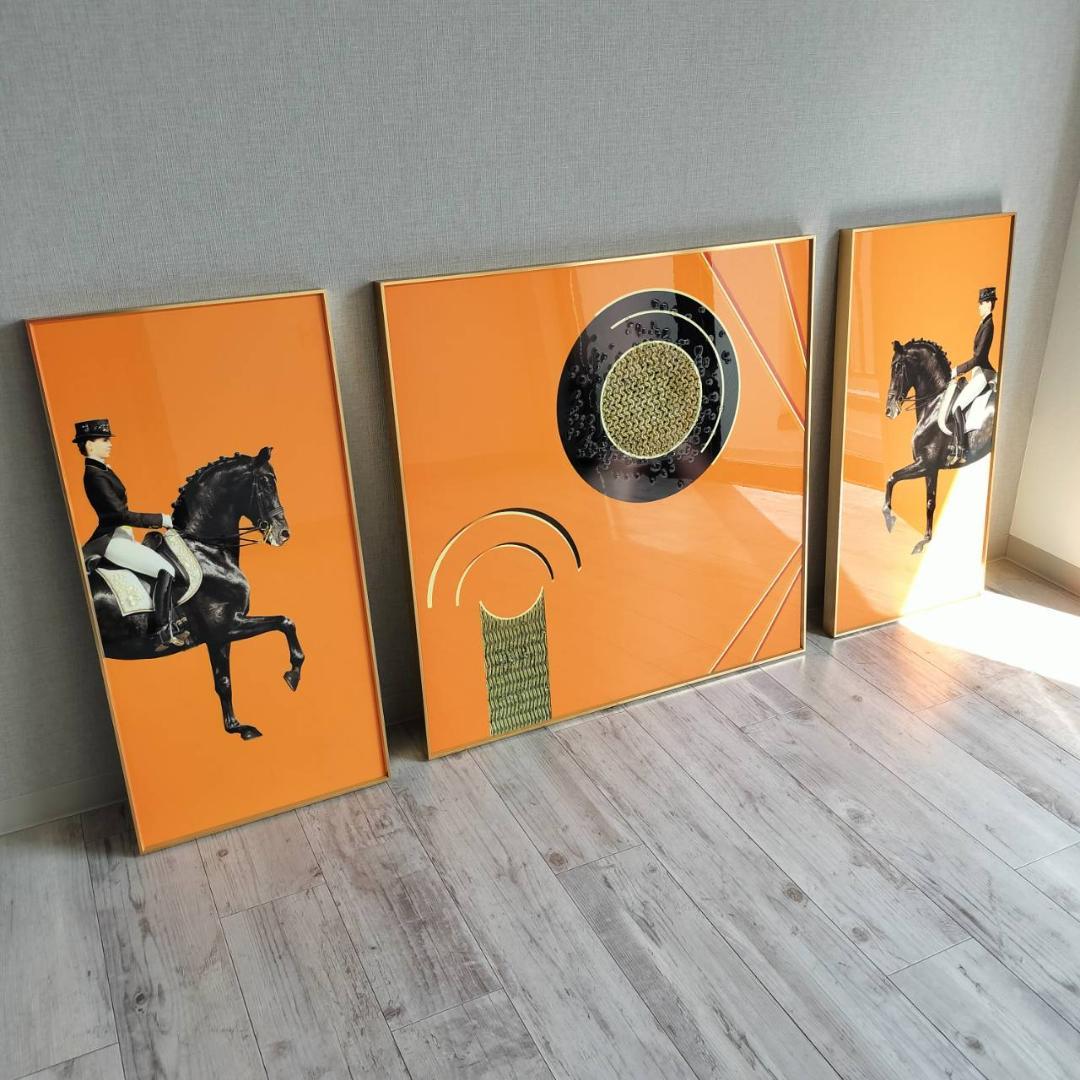 エルメス風　絵　オレンジ　騎手　馬と騎手のグラフィックアート3点セット
