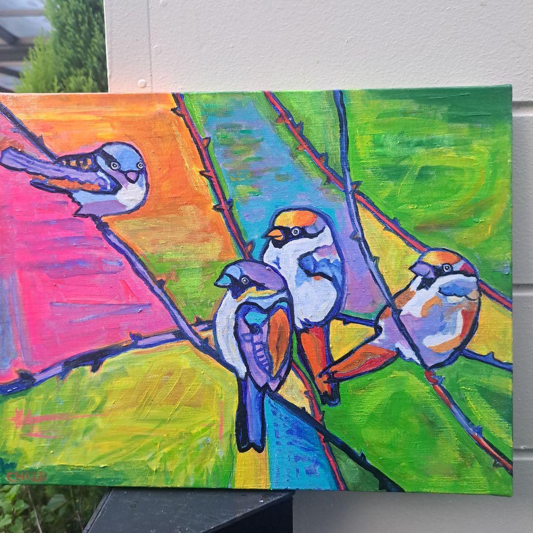キャンバス油絵　専用　芽吹きとすずめたち