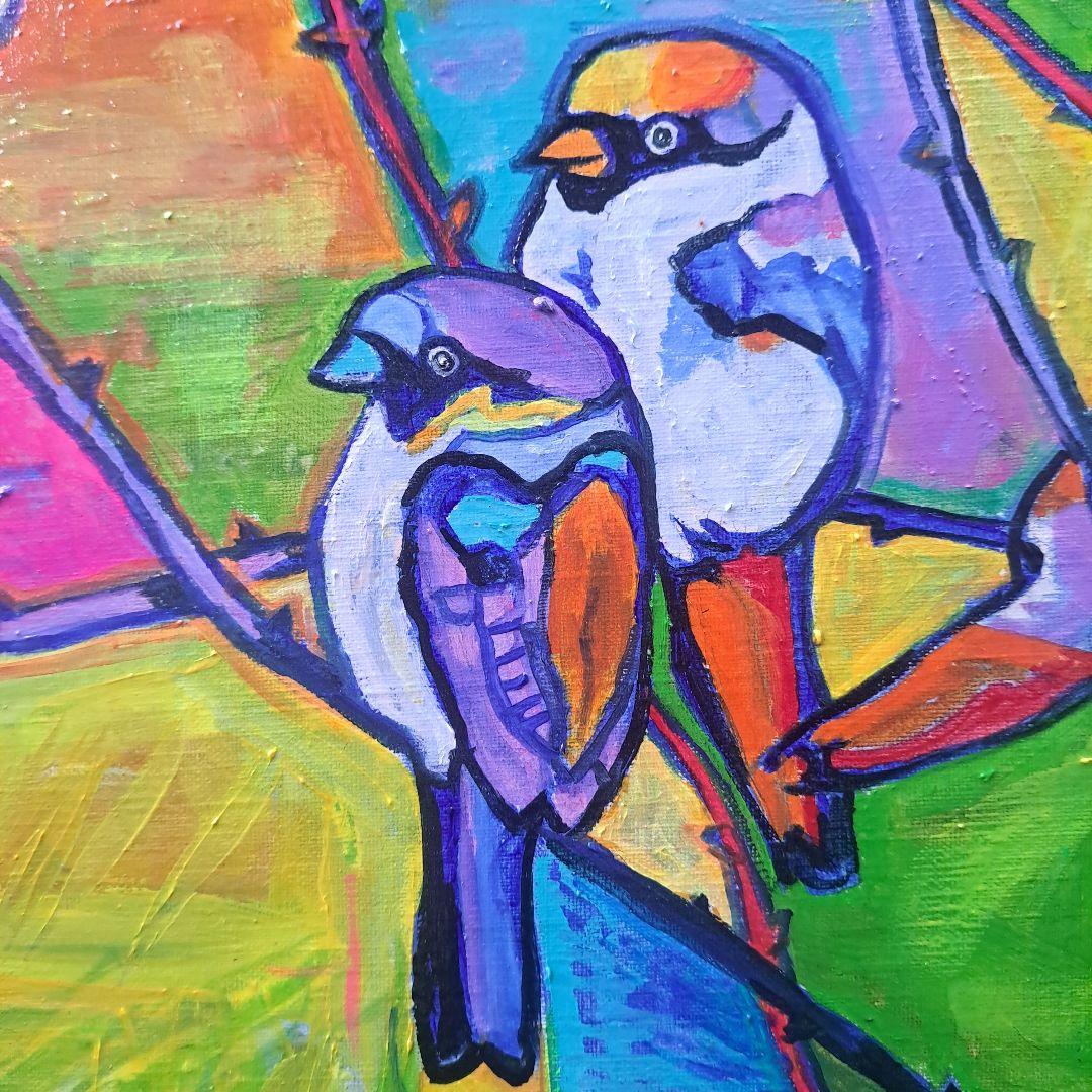 キャンバス油絵　専用　芽吹きとすずめたち