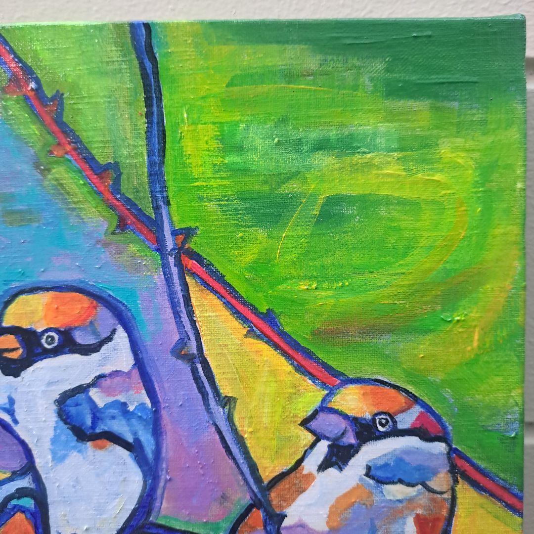 キャンバス油絵　専用　芽吹きとすずめたち