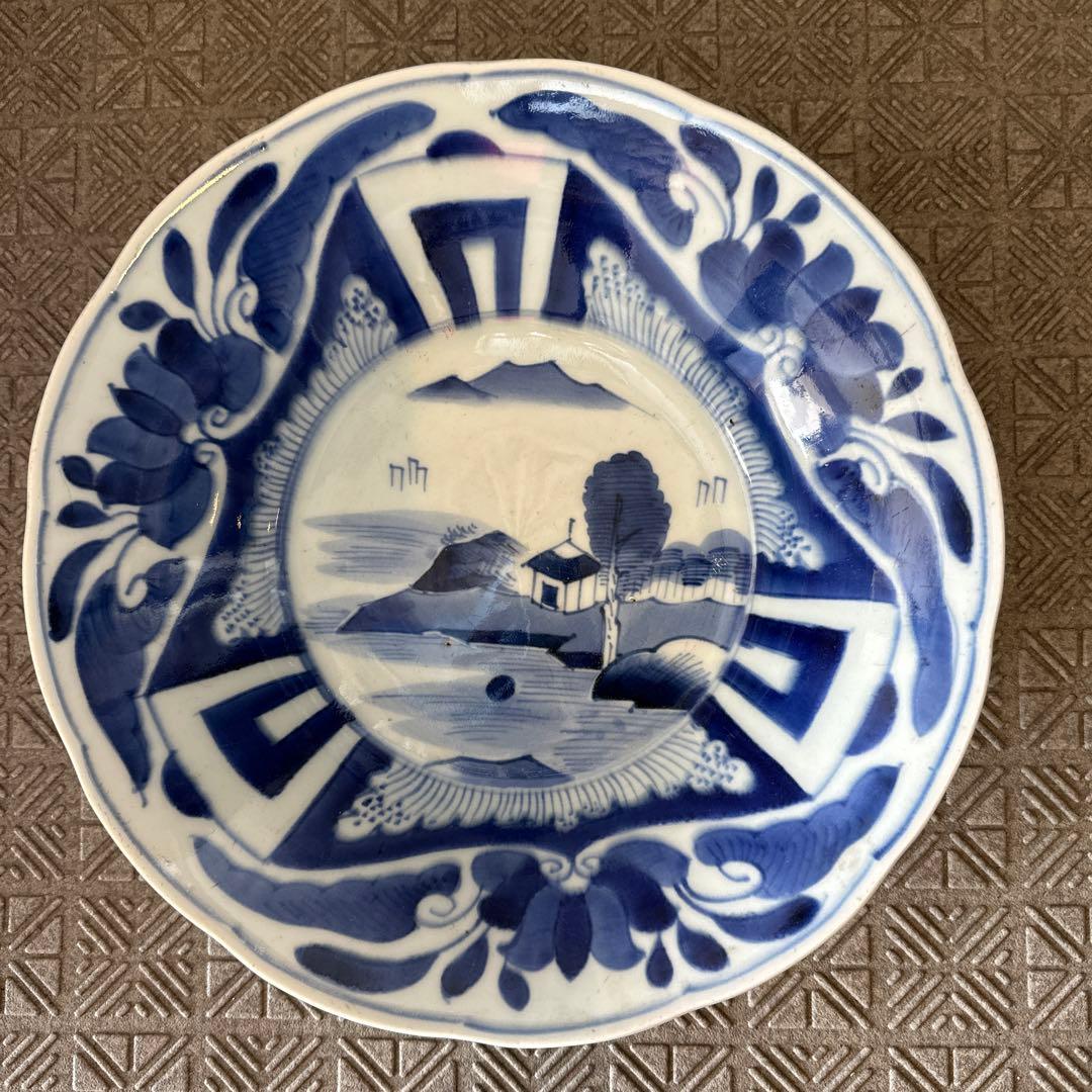 古伊万里、染め付け、三花、楼閣山水、輪花深大皿江戸時代、
