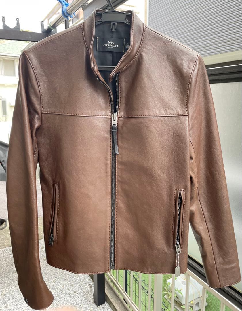 COACH F33779 羊革 ブラウン シングルライダースジャケットXS