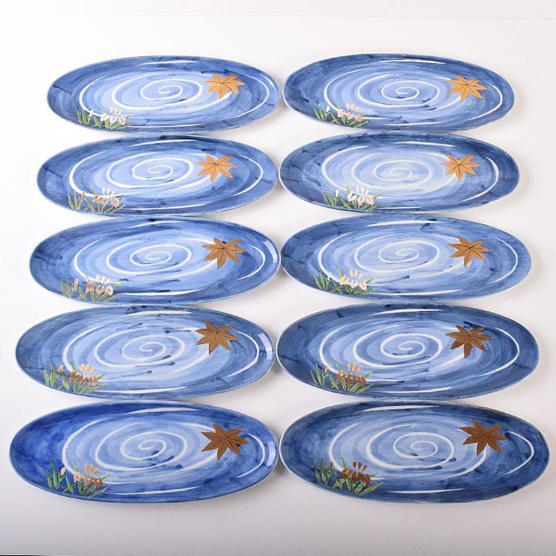 肥前有田焼　泉寿堂謹製　染錦　紅葉菖蒲文　楕円皿　十客　共箱　M　R8139B