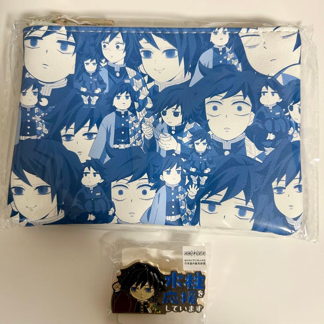 鬼滅の刃 柱カフェ 冨岡義勇 ゆる顔ポーチ 応援ピンバッジ 2点セット