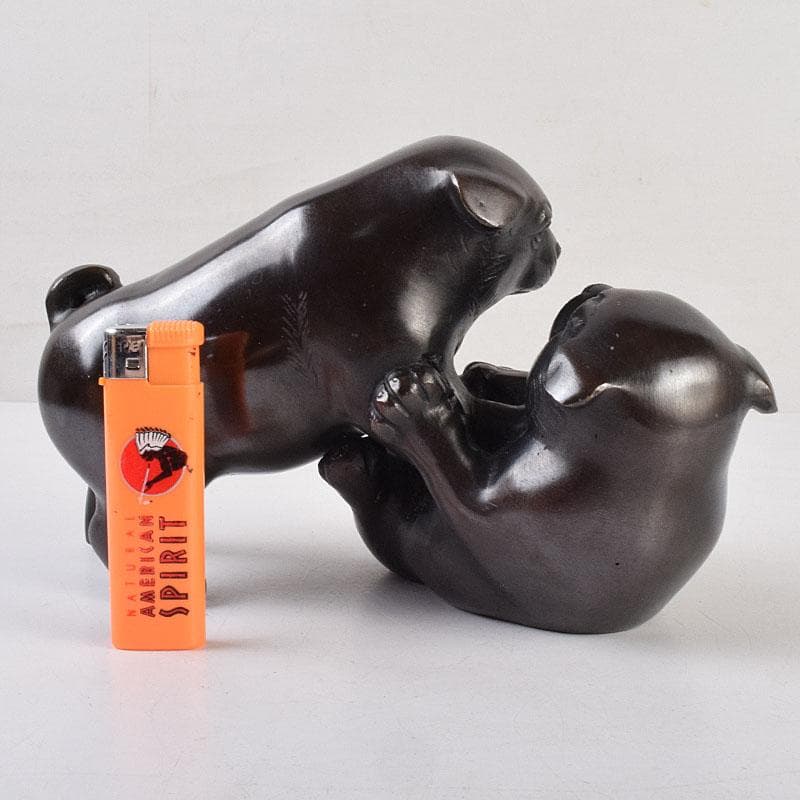 金工師　秀山作　鋳銅　戯れる子犬　置物　共箱　M　R9214
