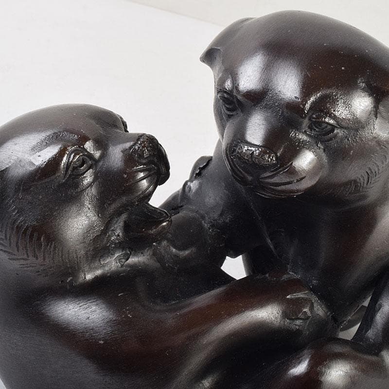 金工師　秀山作　鋳銅　戯れる子犬　置物　共箱　M　R9214