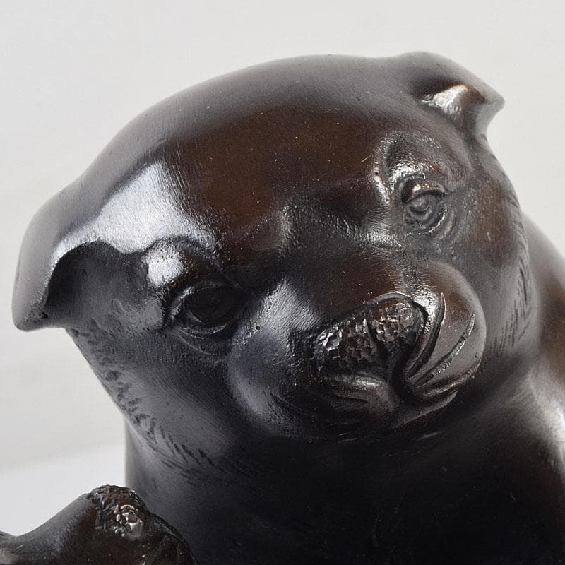 金工師　秀山作　鋳銅　戯れる子犬　置物　共箱　M　R9214
