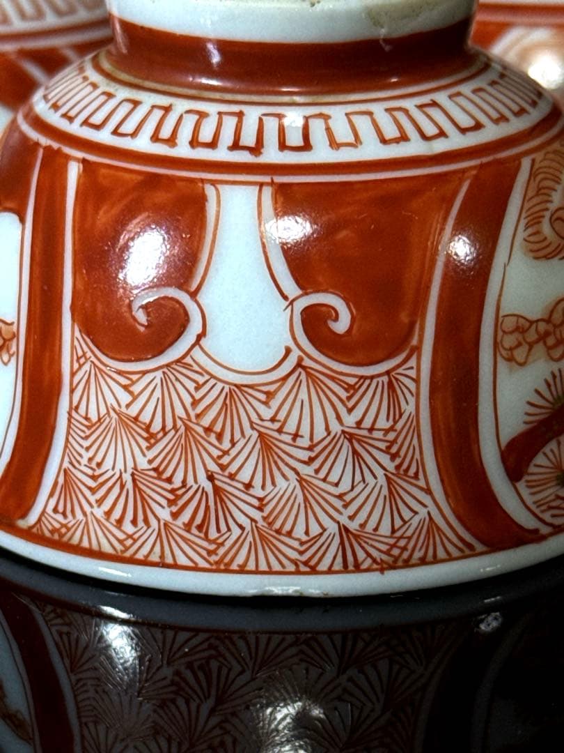 江戸期 湖東焼 赤絵金蘭手 窓絵人物図 煎茶碗 5客茶道具 井伊家 彦根藩