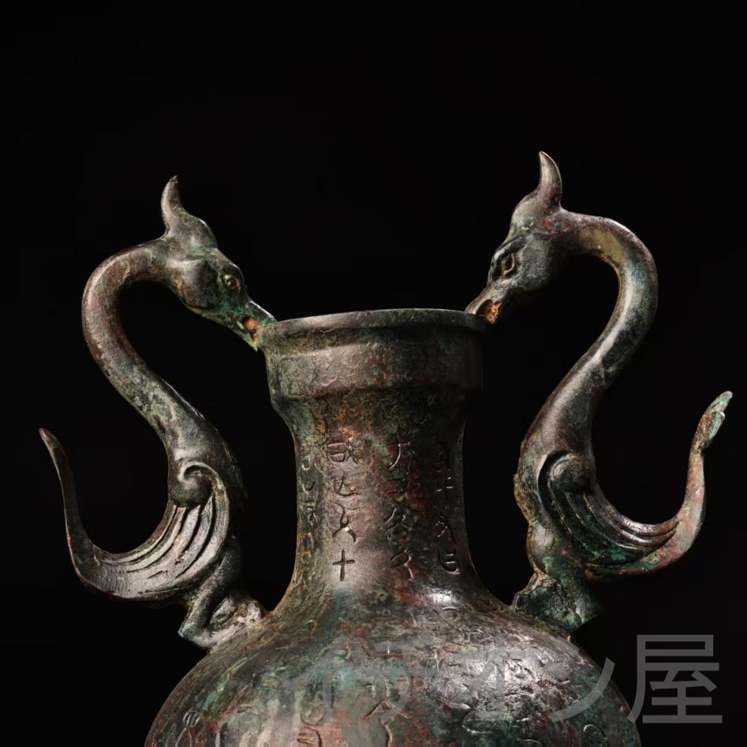 中国古美術 珍品旧蔵 青銅器 提梁壺 双鳥装飾一対 飾壺 花瓶 茶道具 風水置物