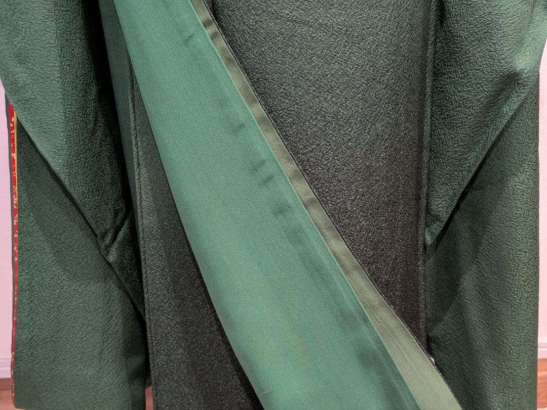 振袖フルセット 身丈165裄69.5 色無地 緑 三つ紋 逸品