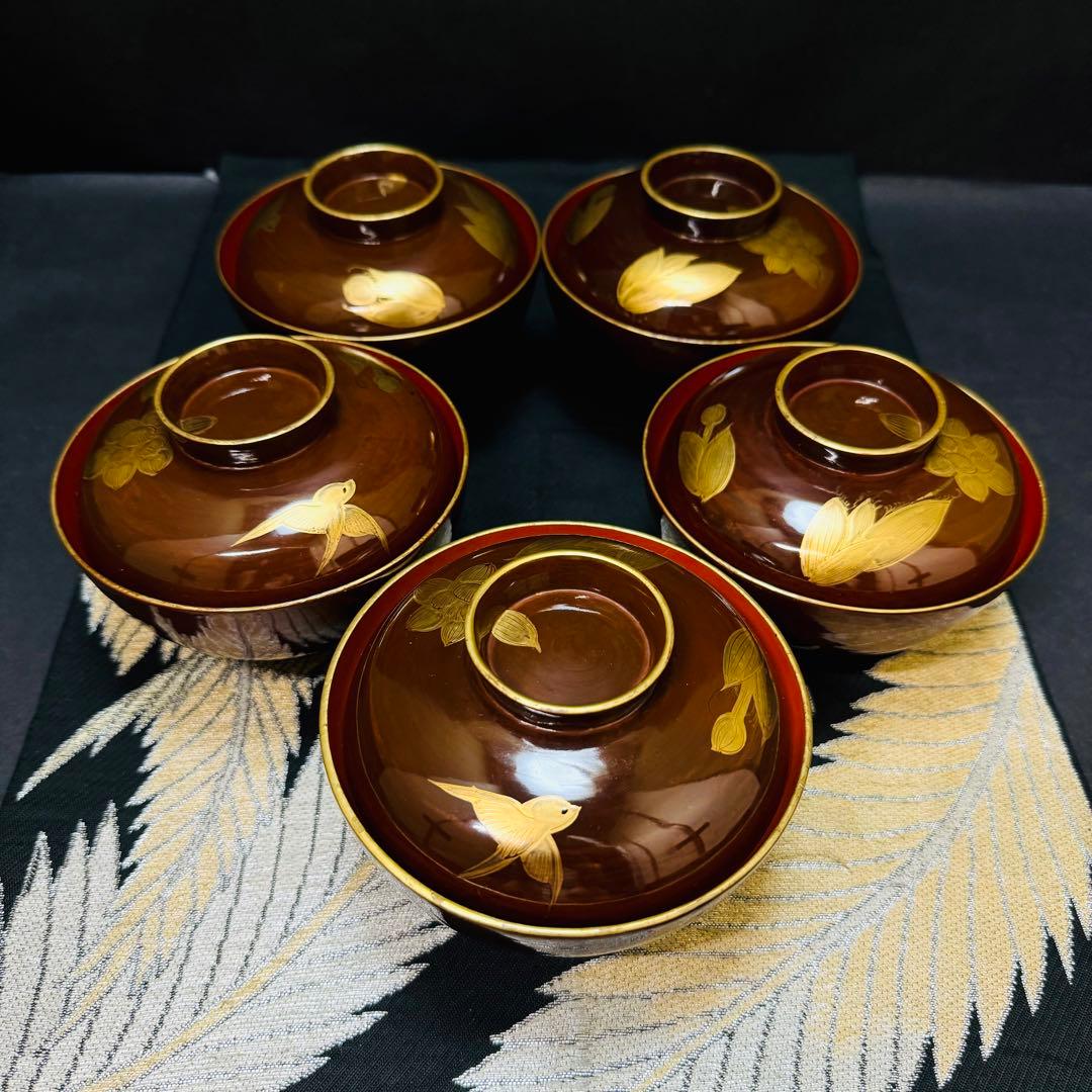 漆器　輪島塗　蒔絵　沈金木製　蓋付椀　お煮物椀　吸物椀　5客　骨董品