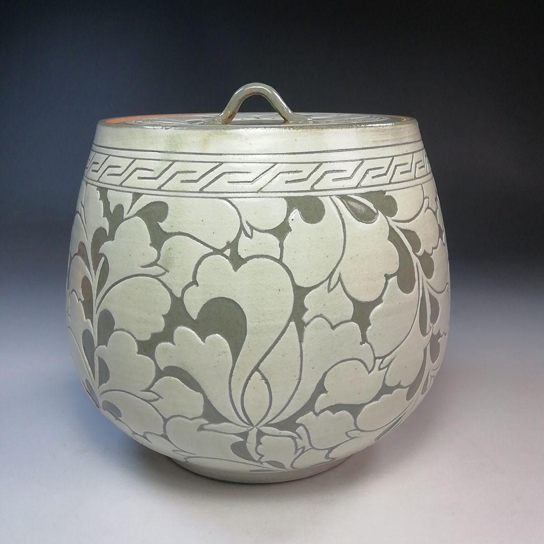 Ｓ７８１　水指　『唐草　中葉』『黃仁哲』　共箱　茶道具