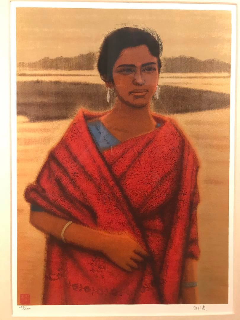 平山郁夫　「紅衣の女性」　シルクスクリーン　直筆サイン・作品証明シール有り