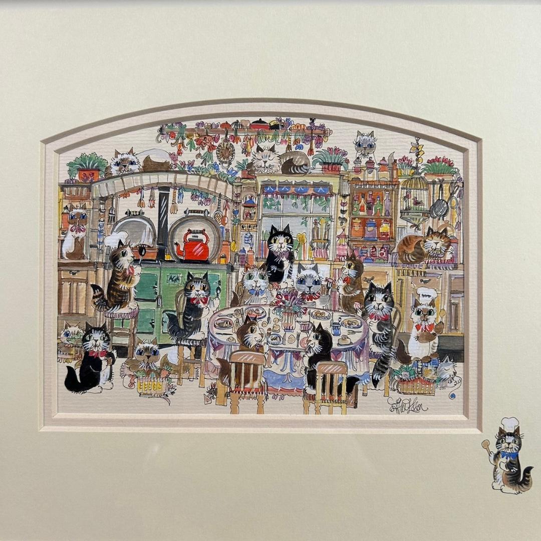 美品 ダイアン・エルソン「キッチン」水彩画 直筆サイン入 額縁入 猫 ねこ