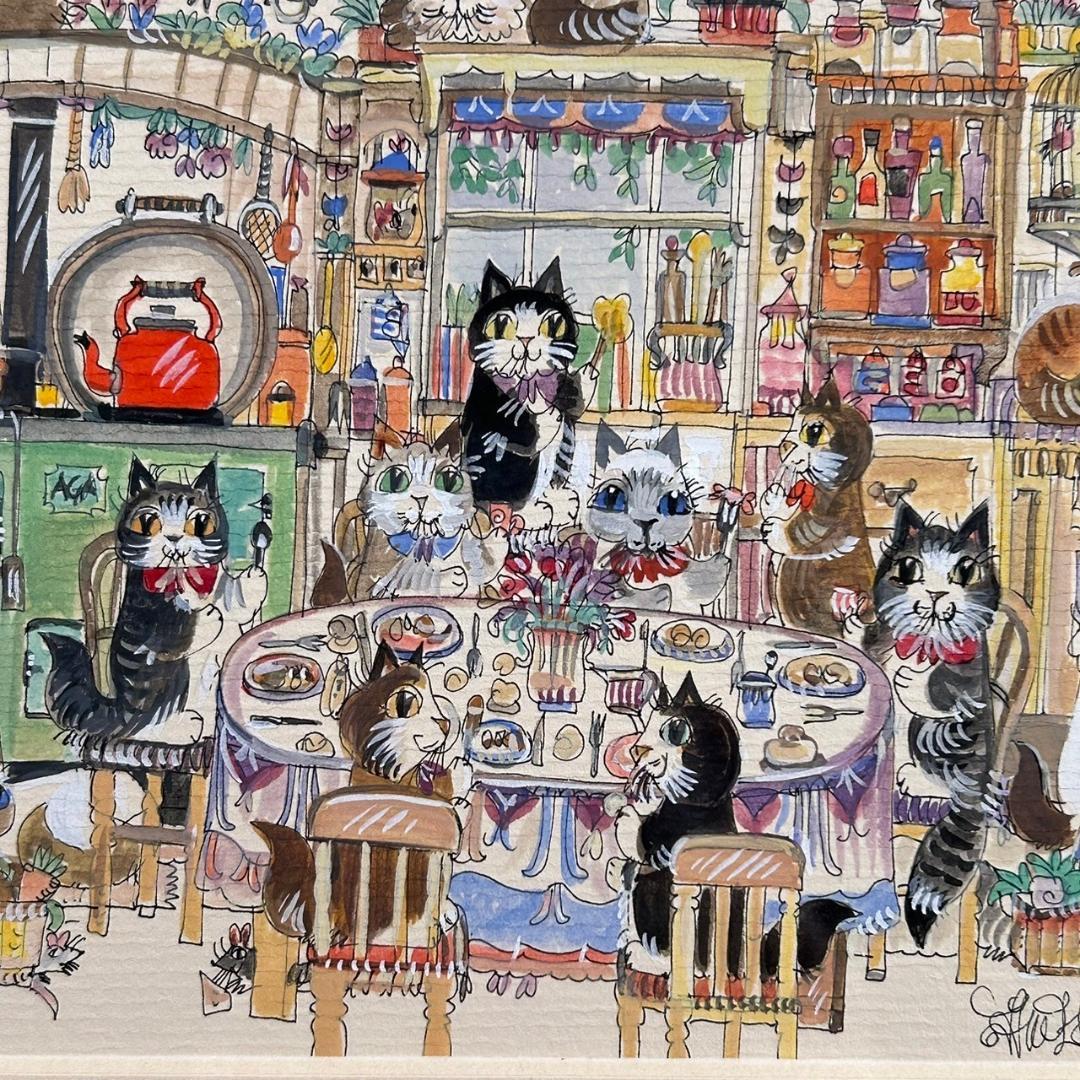 美品 ダイアン・エルソン「キッチン」水彩画 直筆サイン入 額縁入 猫 ねこ