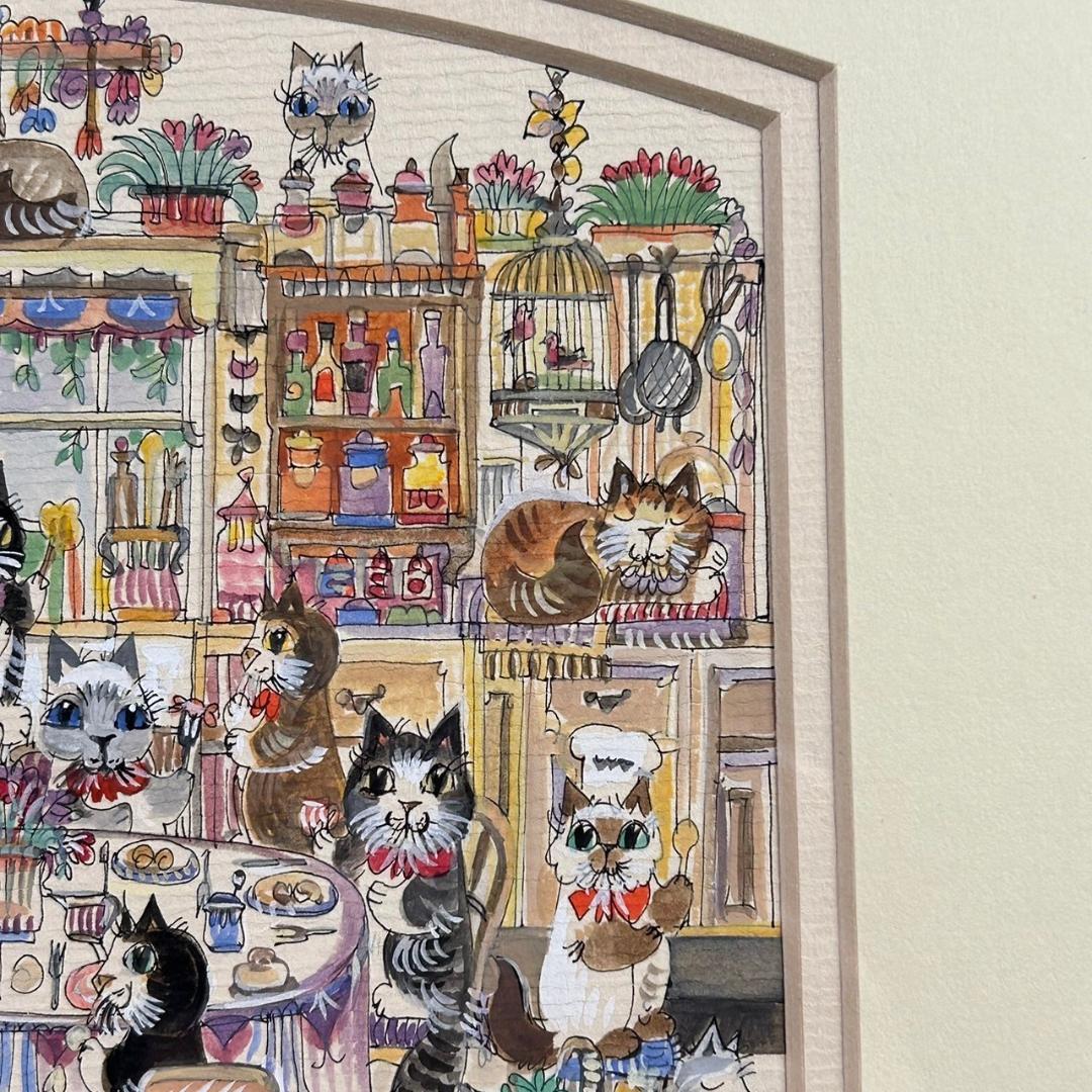 美品 ダイアン・エルソン「キッチン」水彩画 直筆サイン入 額縁入 猫 ねこ