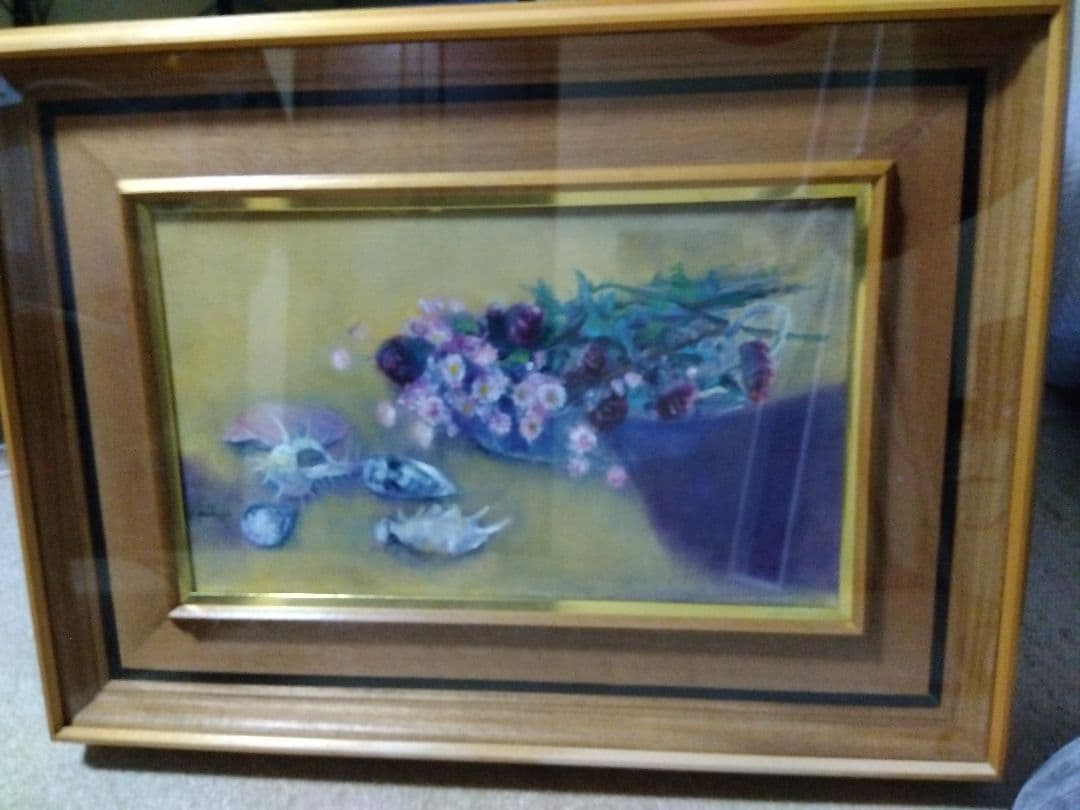 松井叔生　1970年作　花篭と貝と　油彩画