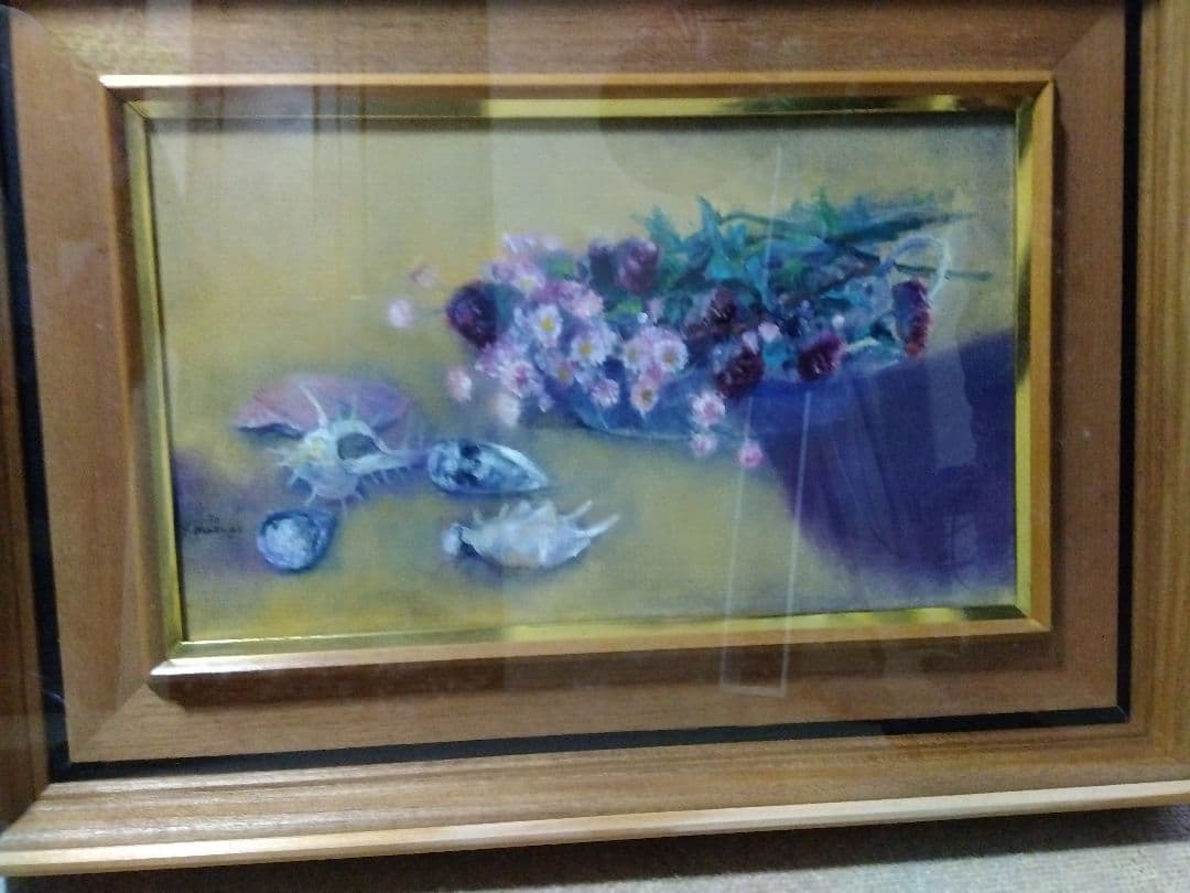 松井叔生　1970年作　花篭と貝と　油彩画