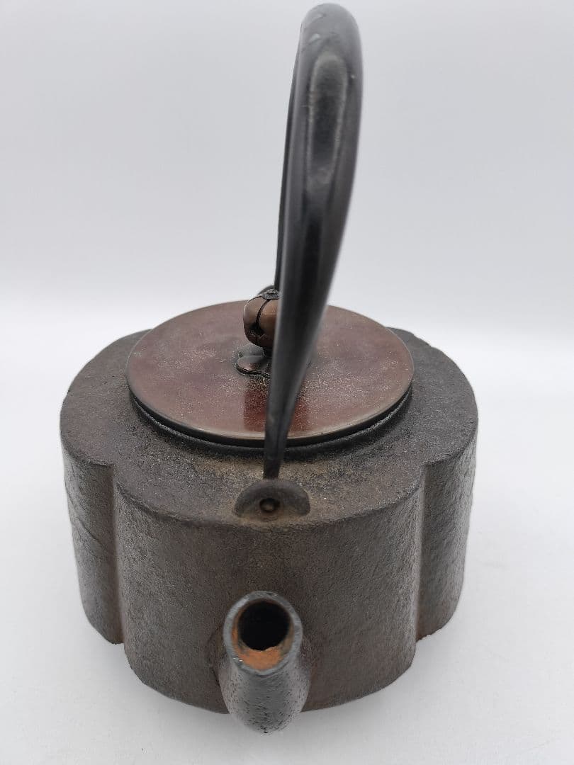 c088 鉄瓶 木瓜型 弦に富士の象嵌　茶道具 古物