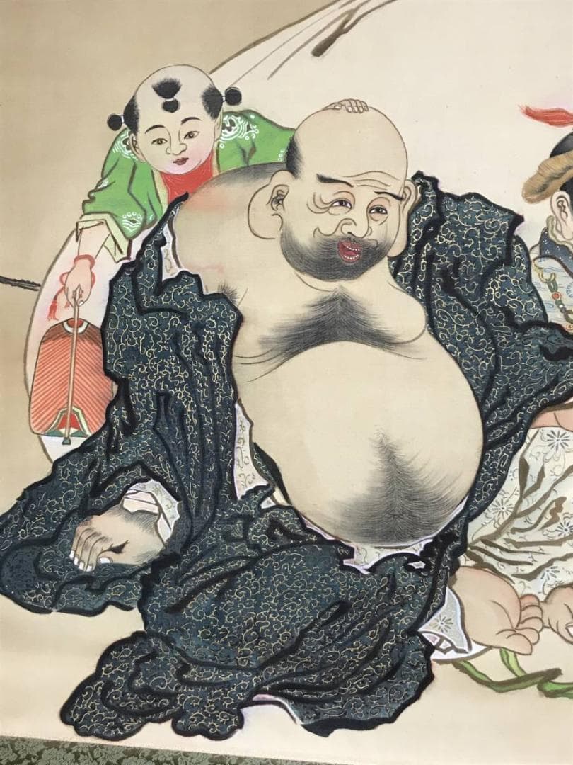 【真作】斎藤香昇/布袋唐子図/横物/掛軸/名家伝来/AB-836