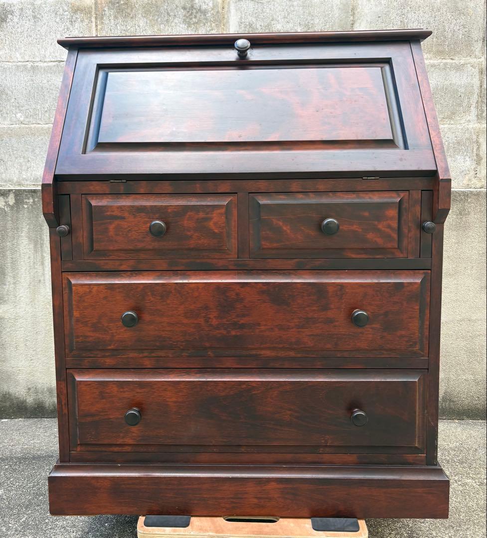 【長野松本民芸家具】天然木ライティングビューロー ダークブラウン　デスクチェスト