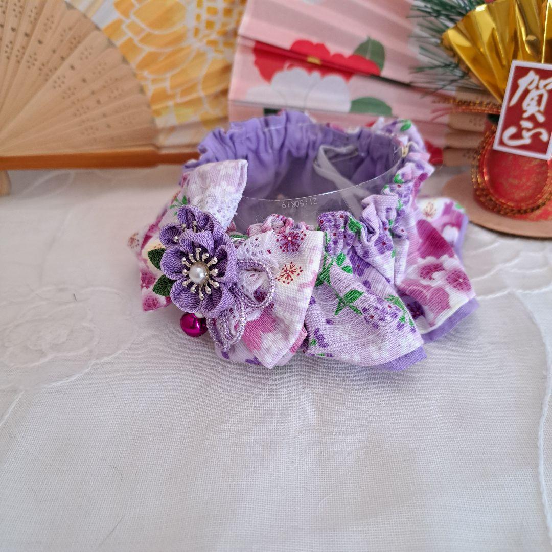 幅広シュシュ、和風妻み細工(藤色)わんちゃん猫ちゃん用