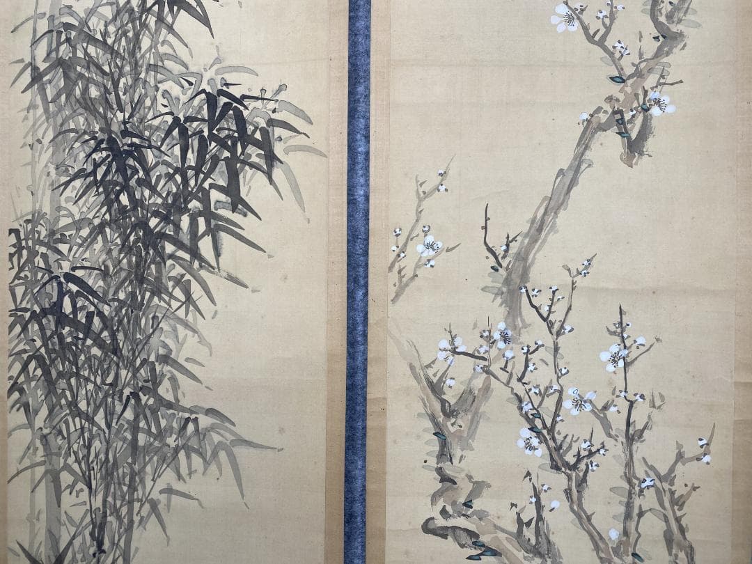 在銘(雪山) 梅竹図 絹本 双幅 時代物 掛軸24120701