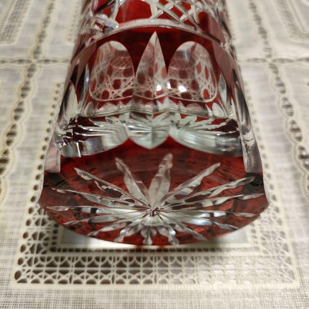 \"未使用\" ヤマザキガラス製　薩摩切子　南蛮赤　矢来籠目　菊透かし紋様　栞＆共箱