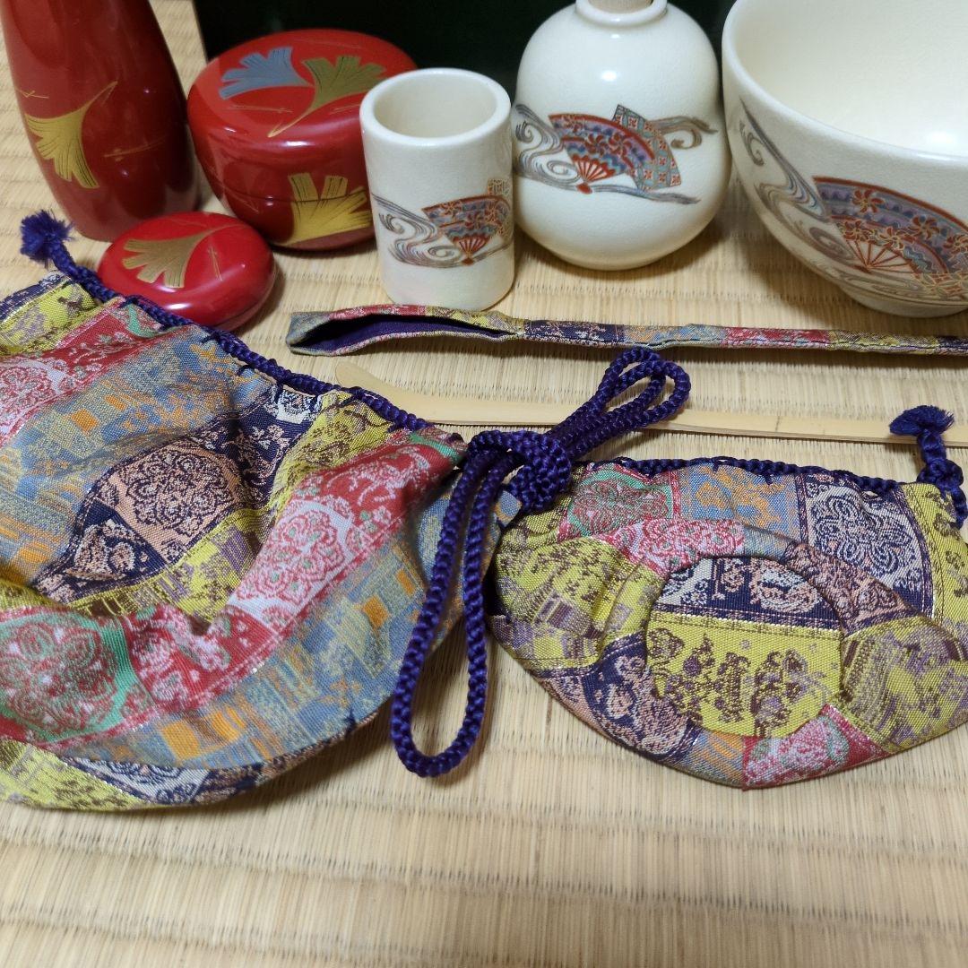 野点　茶道具セット 木製箱 茶器 茶碗等　深緑　青面朱　セット