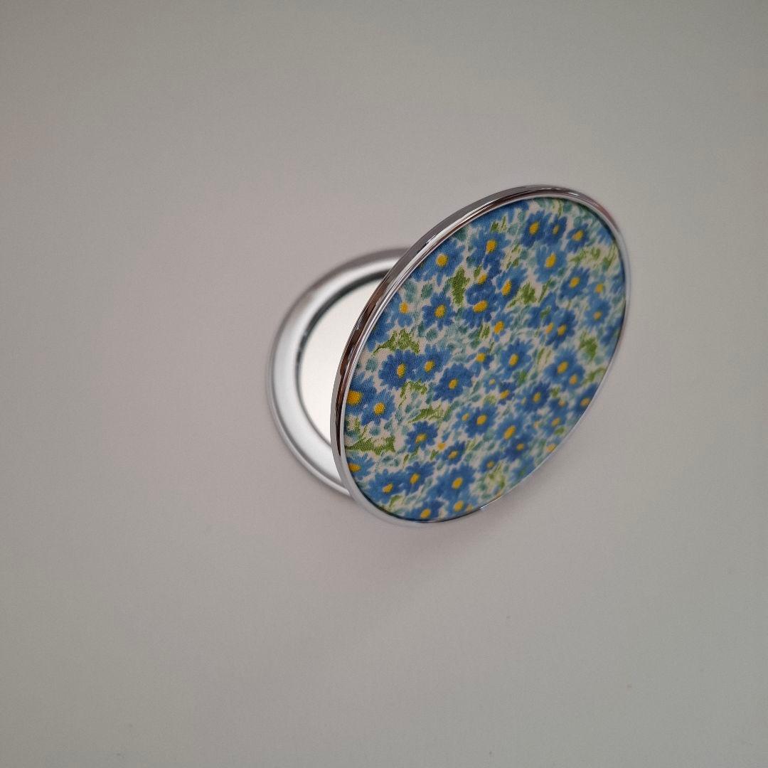 青い花柄 　コンパクト　両面ミラー 　丸い　薄い　軽い　かわいい