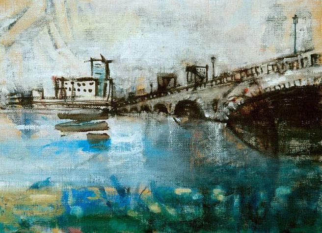 油絵 菅家令子 絵 絵画インテリア額付(青緑＋金色の枠)F4-090914風景橋