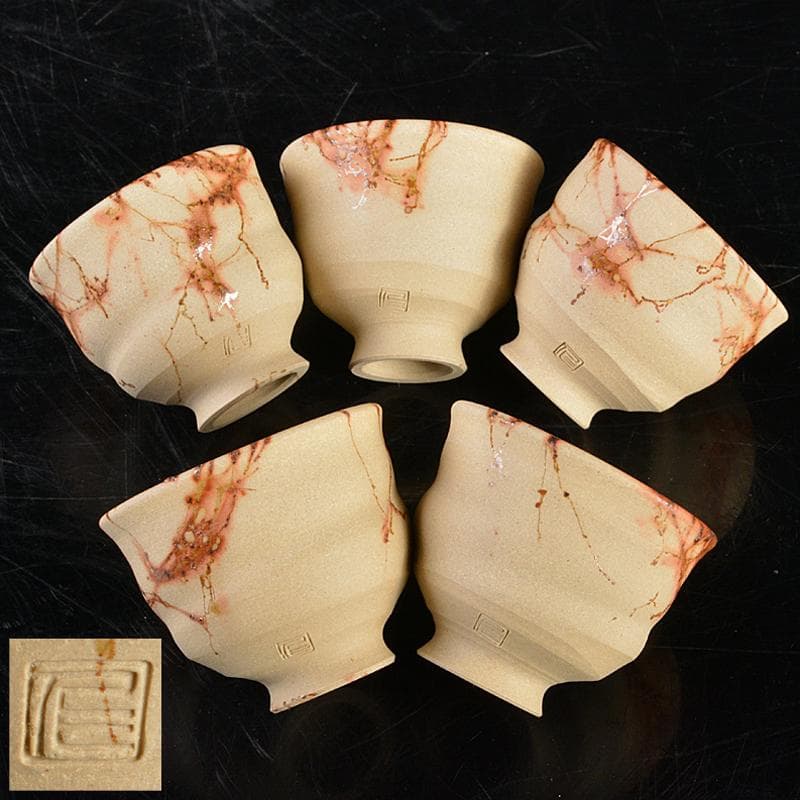 煎茶道具　常滑焼　谷川仁作　白泥藻掛　茶器　急須　茶碗　共箱　D　R5730