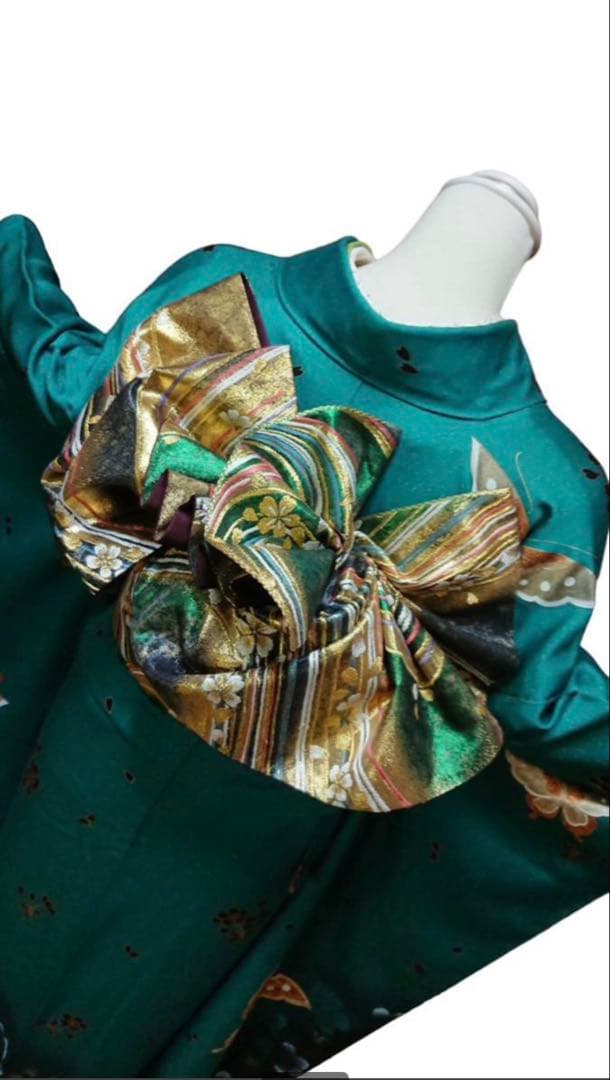 濃青緑振袖 蝶模様 金帯付　セット　成人式　正絹　振袖　身長170cm位迄　美品