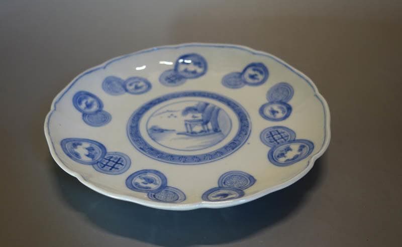 古伊万里 染付　丸文散中皿　3枚　楼閣山水図　渦福　輪花　 江戸後期 2253