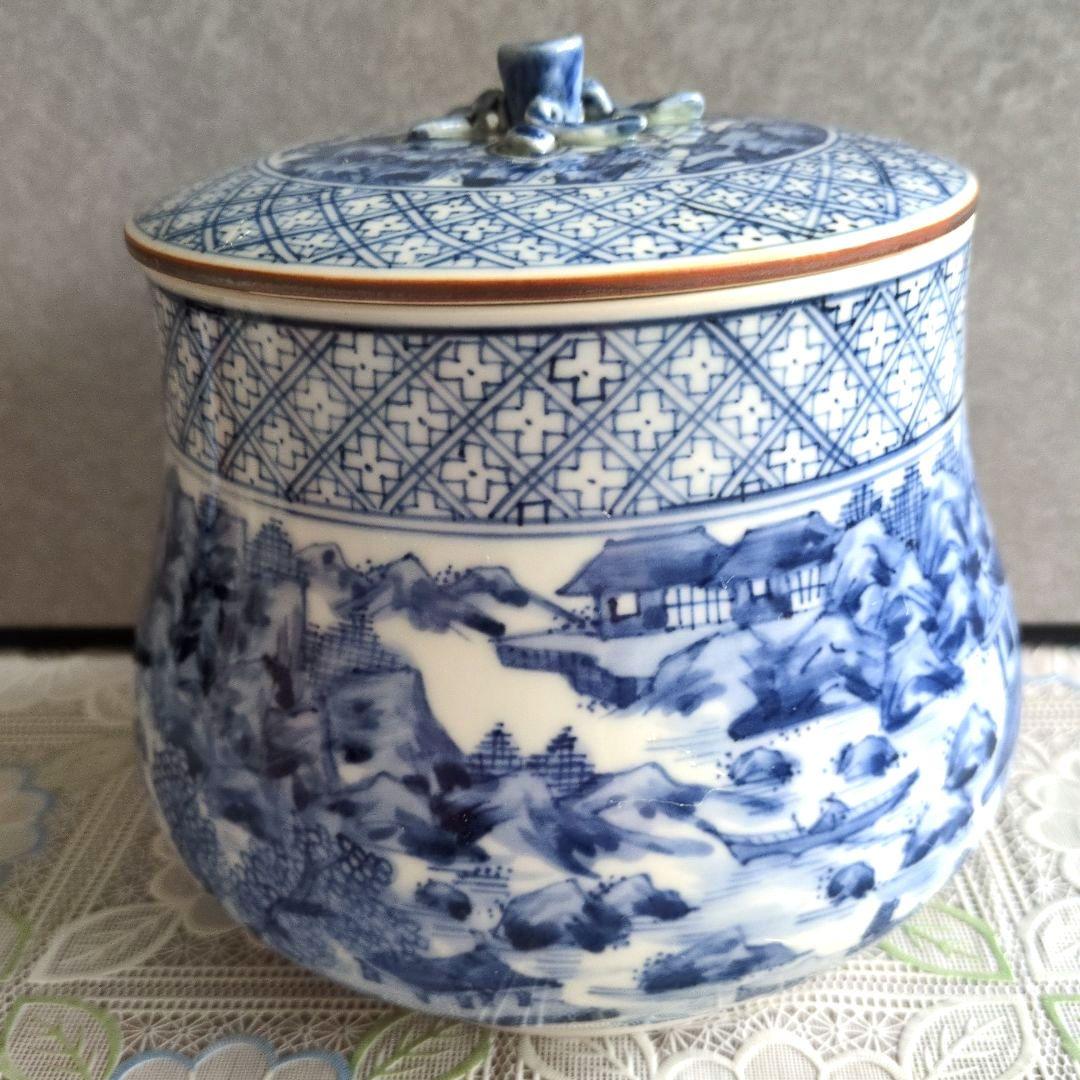 【美品】平安徳永造／染付山形・青白色 陶器 水差し（共箱付き）