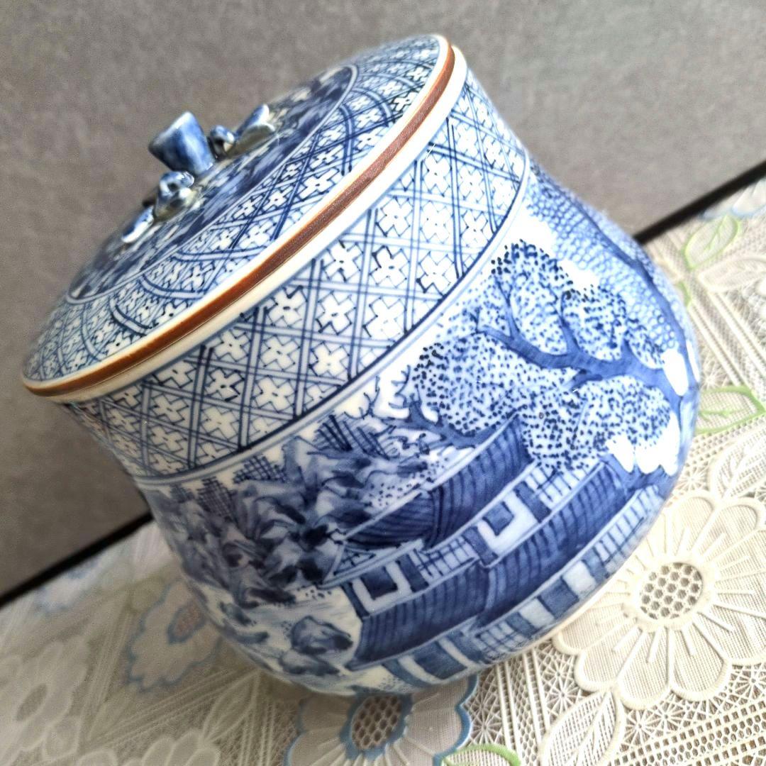 【美品】平安徳永造／染付山形・青白色 陶器 水差し（共箱付き）