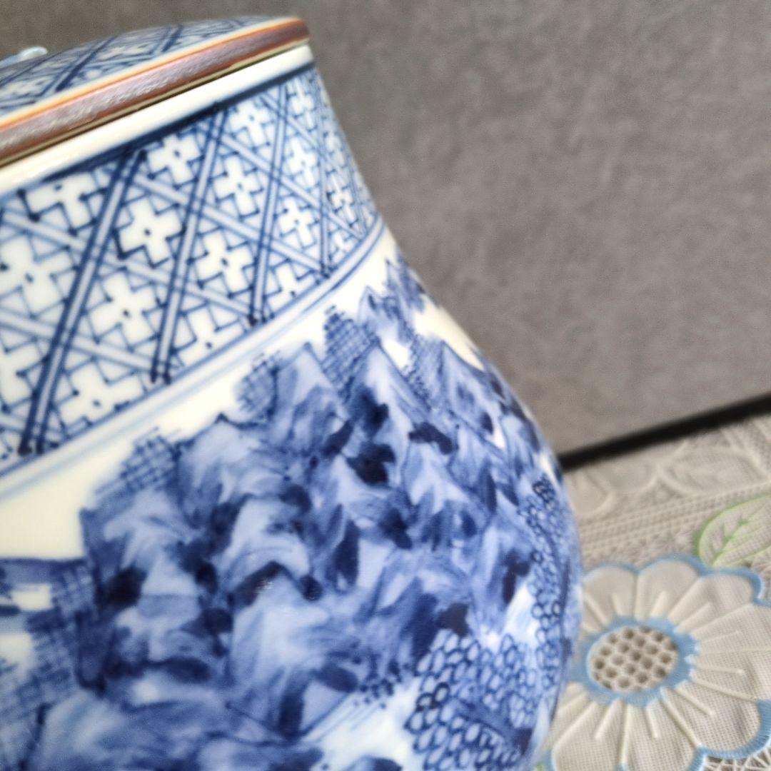 【美品】平安徳永造／染付山形・青白色 陶器 水差し（共箱付き）