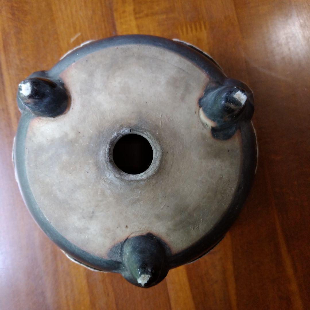 瀬戸　黒釉貼付桔梗文　植木鉢　骨董