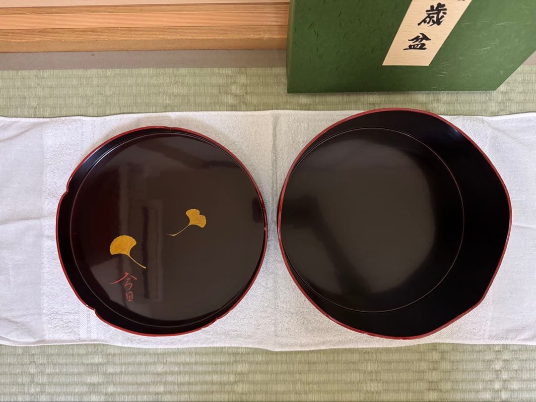 千歳盆 堅地本漆塗 溜真塗爪紅 今日入 化粧箱付き 新品未使用