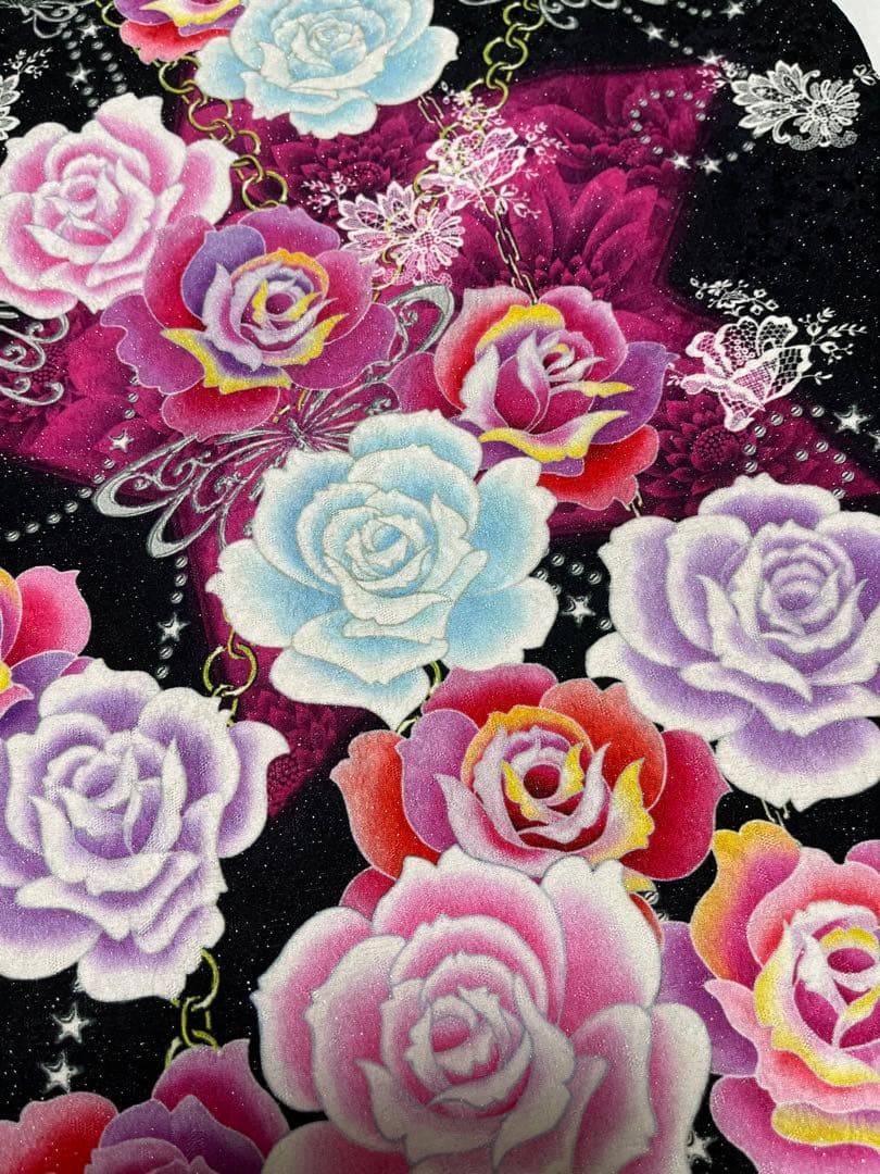 振り袖セット　帯付き　ブラック・バラ・蝶・ラメ入り　期間限定値下げ