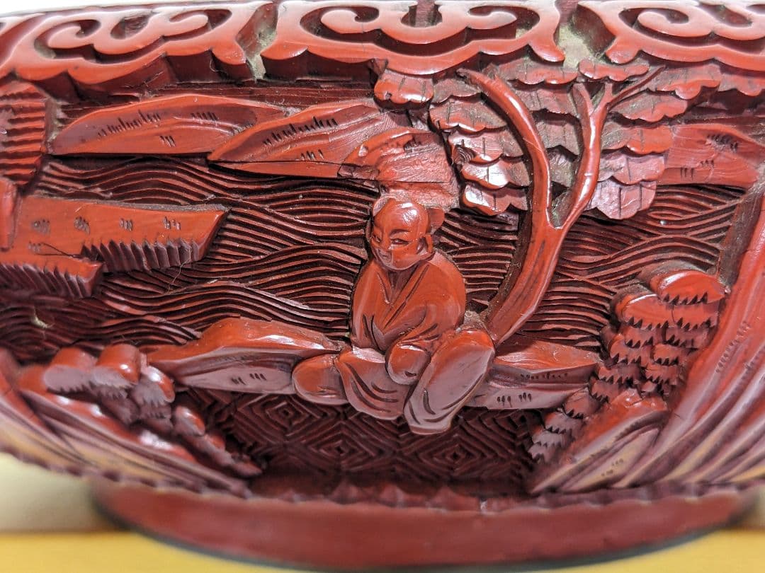 ♦中国 古玩 堆朱彫漆 七宝釉楼閣山水図紋様 盆 コレクション骨董品アンティーク