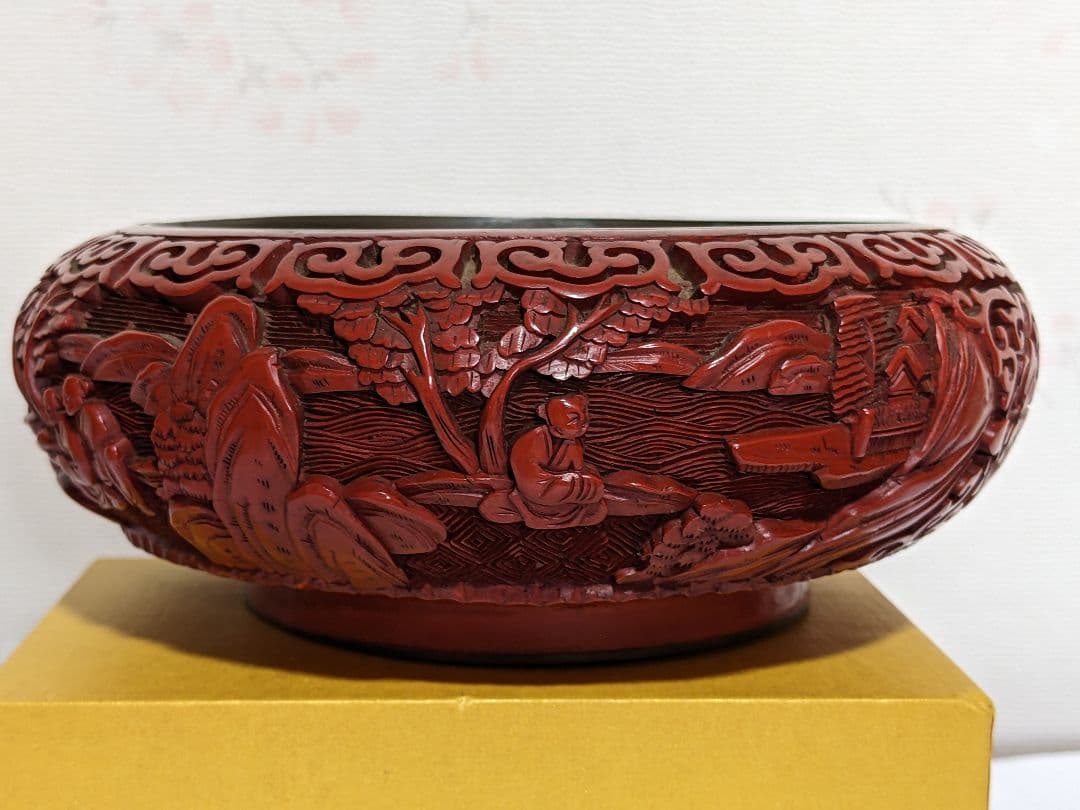 ♦中国 古玩 堆朱彫漆 七宝釉楼閣山水図紋様 盆 コレクション骨董品アンティーク