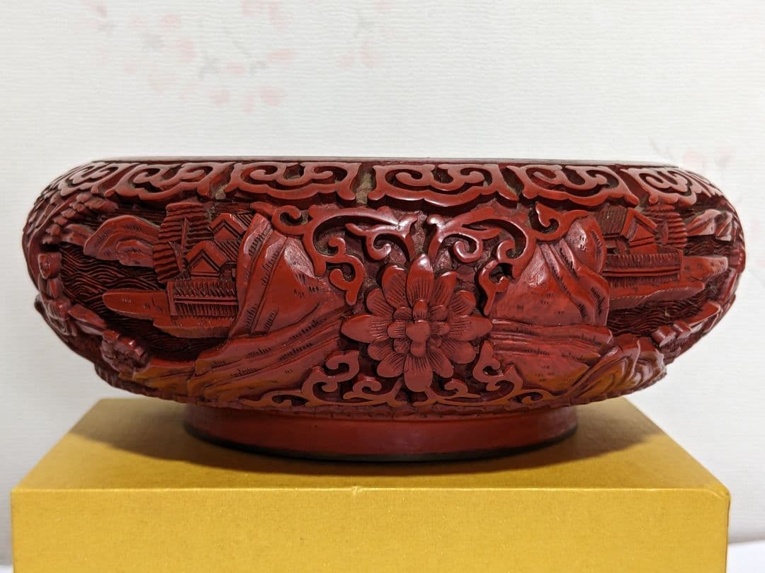 ♦中国 古玩 堆朱彫漆 七宝釉楼閣山水図紋様 盆 コレクション骨董品アンティーク