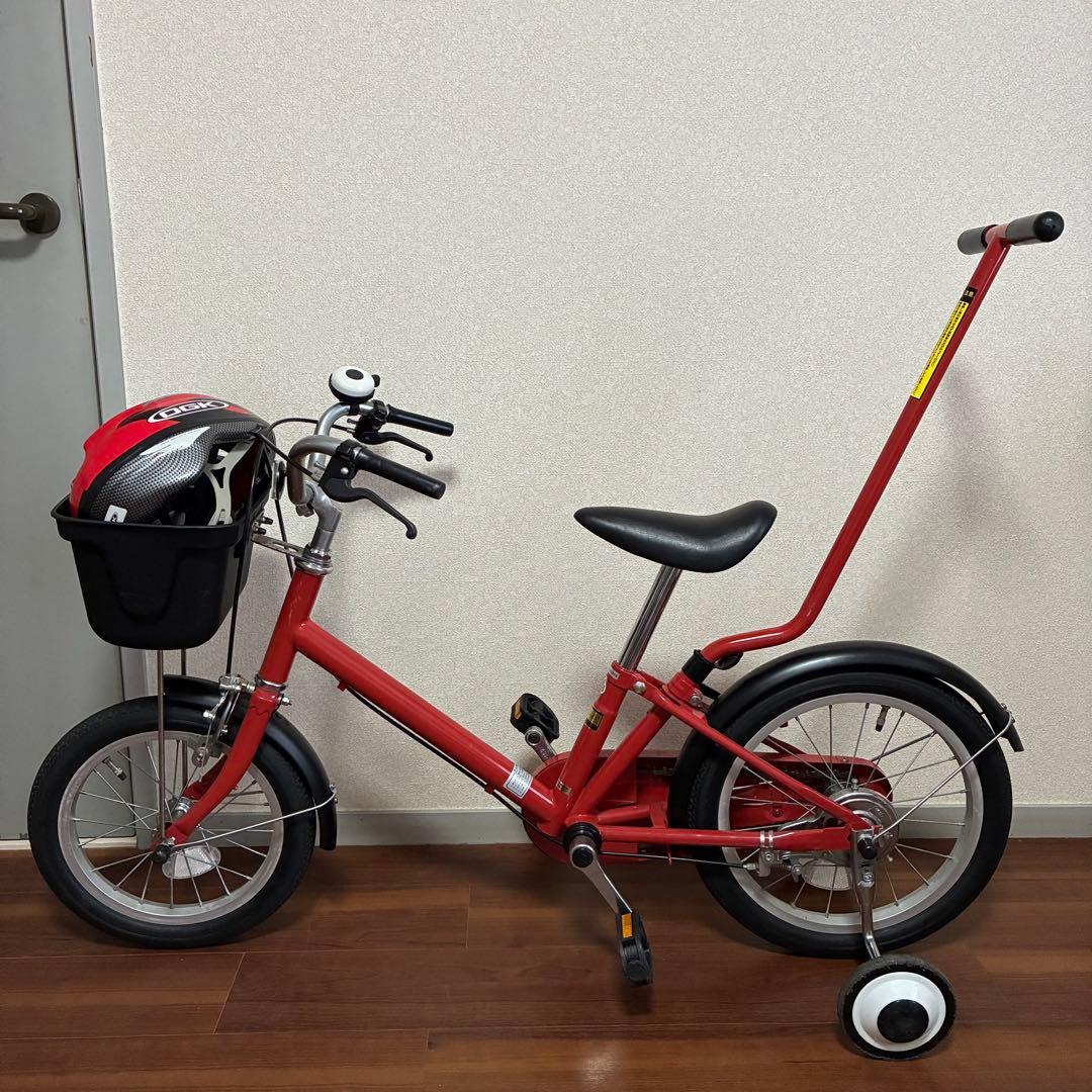 無印良品 16型幼児こども自転車 レッド 押し棒補助輪付 赤 子供用舵取り自転車