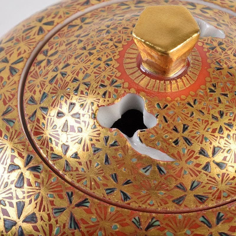 九谷焼　山本重義作　金彩　小紋手　香炉　共布共箱　M　R9007